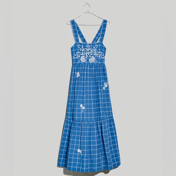Madewell Blue Floral Embroidered Cicely Tiered Midi Dress in Plaid 100% Cotton 6 - Picture 3 of 10